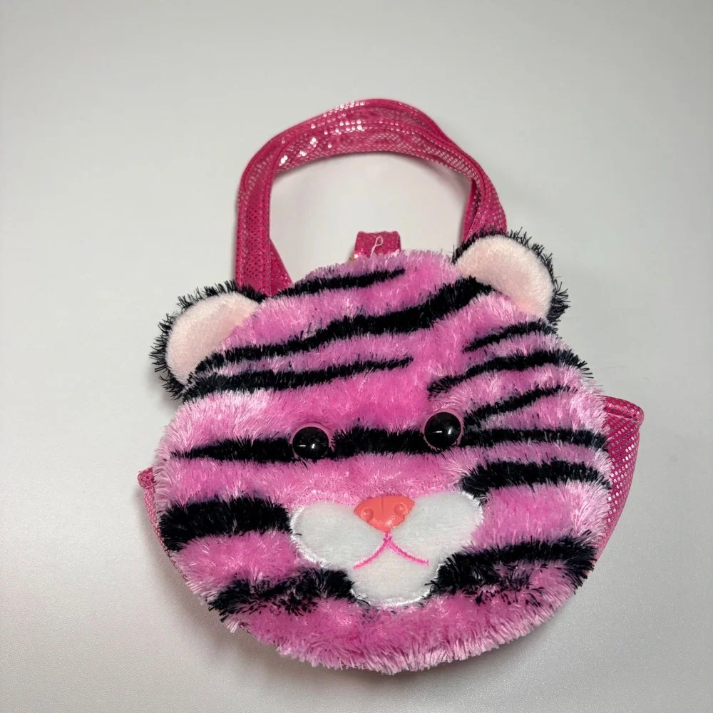 Aurora Pink Tiger Plush Mini Tote Bag Shimmer Metallic Straps Kidcore Y2K Small